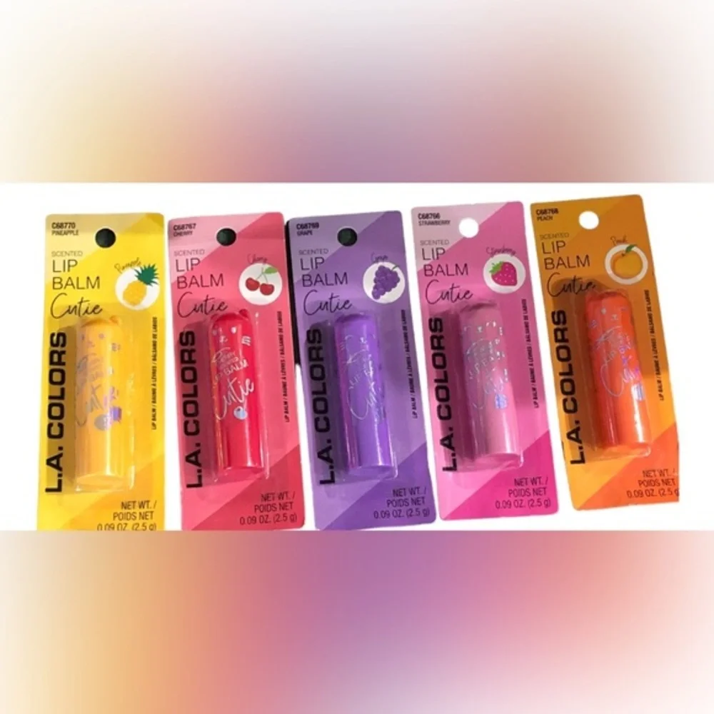 2pk fruit scented cutie‎ lip balms - peach, cherry, strawberry, grape, pineapple
